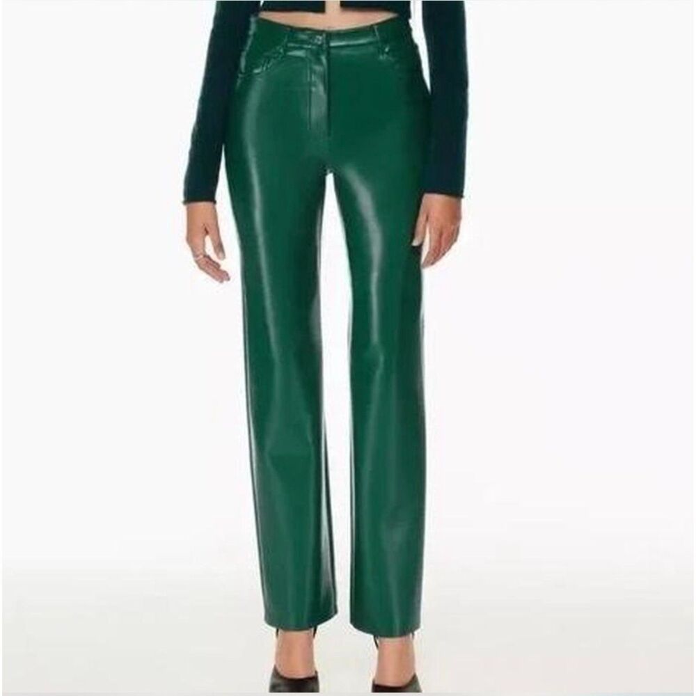 Aritzia Wilfred Melina Pant Green HiRise Vegan Leather Straight-Leg 4 NWOT $148
